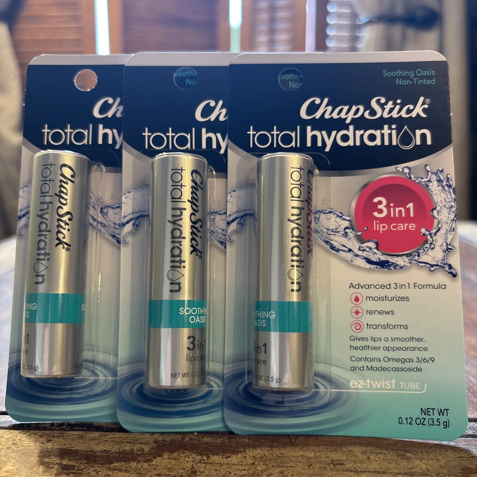3 Chapstick Total Hydration 3-In-1 Lip Care Soothing Oasis Non Tinted
